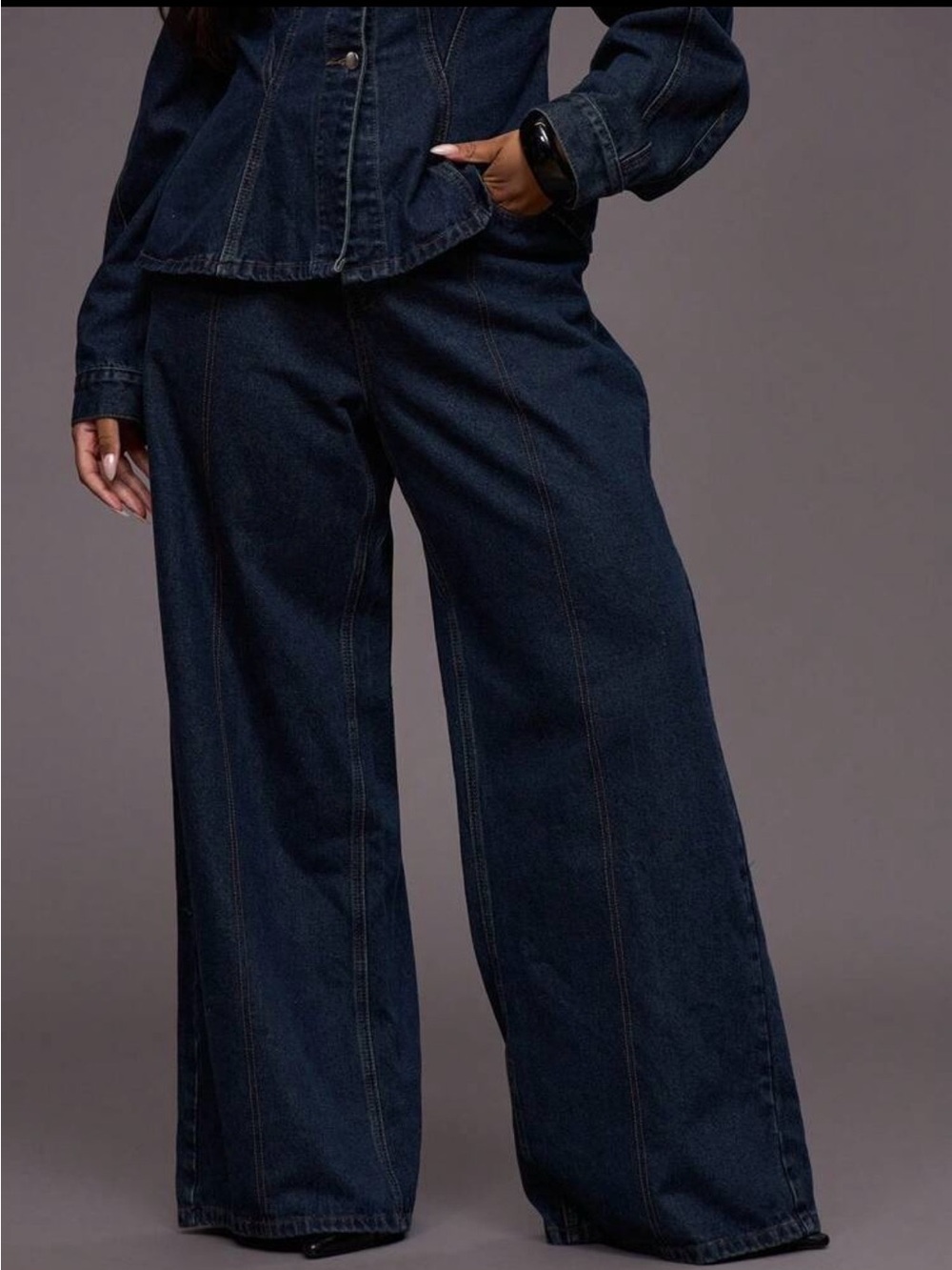 Musera Curve Contrast Stitch Straight/Wide Leg Jeans— Dark Blue